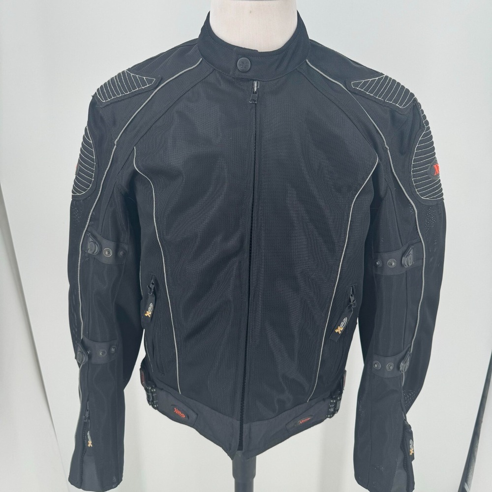 Xelement Motorcycle Jacket MENS Black Nylon Full Zip Reflective Piping Coat L